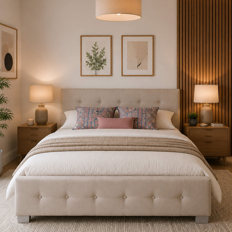 Caddo Fabric Upholstered Ottoman Bed Frame, Kingsize (5'), Natural