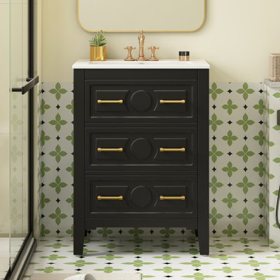 Élégant meuble-lavabo rétro de 24 po avec lavabo en bois et en céramique durable, solutions de rangement