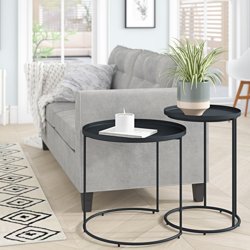 Monet 24"W Metal Industrial Nesting End Table Set with Round Fixed Tray Tops
