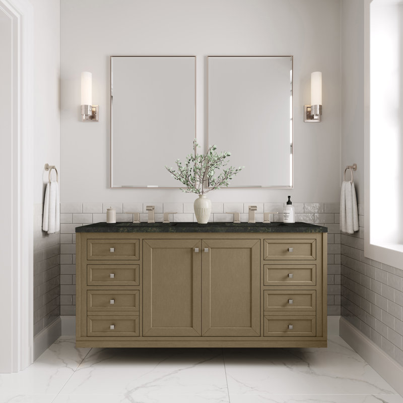 Chicago 60" Double Bathroom Vanity Set, Walnut Whisper, Phantome Eclos, 8" Widespread