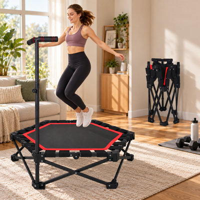 Mini trampoline pliable LIFE SKY 107 cm (42 po) pour petits appartements : installation en 5 secondes, rebond silencieux (25 dB) – idéal pour s'entraîner tard le soir à la maison – supporte jusqu'à 150 kg (330 lbs) et est équipé d'une barre en T réglable.