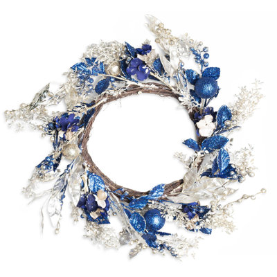58cm Gold and Blue Baubles Wreath, Artificial PE Christmas Door Decoration