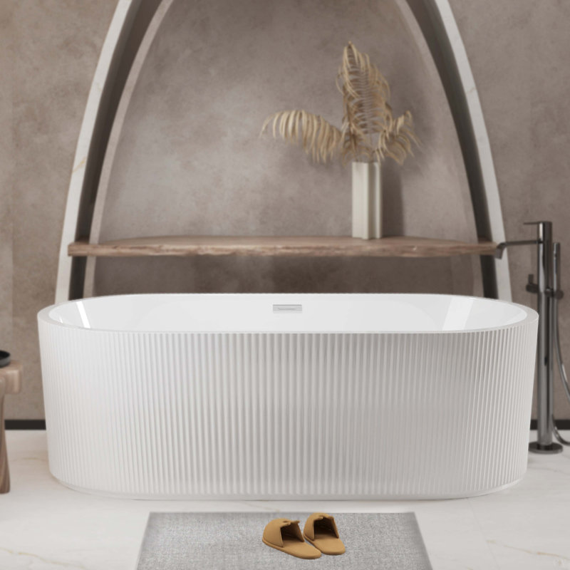 59"Linear Acrylic Freestanding Bathtub Stand Alone Soaker Tub, Glossy White Acrylic, POP-UP Chrome Drain