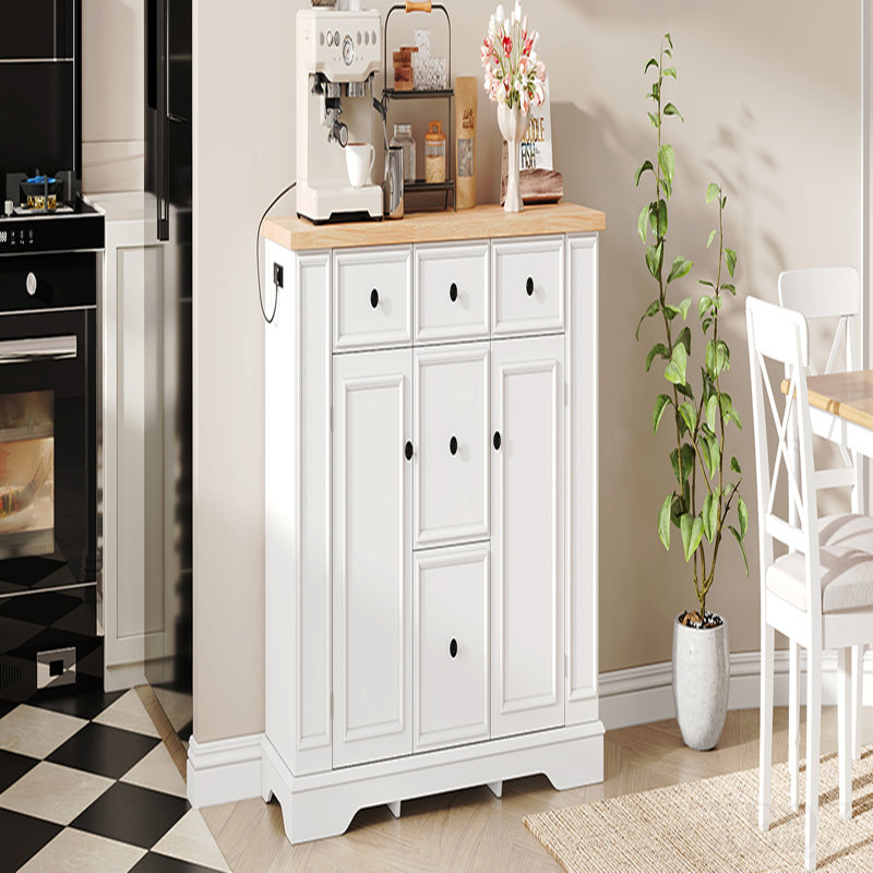 Buffet avec rangement, console de cuisine avec 5 tiroirs, 2 armoires, tablettes réglables, buffet pour la salle à manger, le salon, le vestibule (blanc)