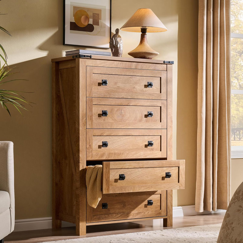 Grantville Farmhouse 5 - Drawers Dresser Organizer, Rustic Tall Chest of Drawers for Bedroom, Light Knotty Oak