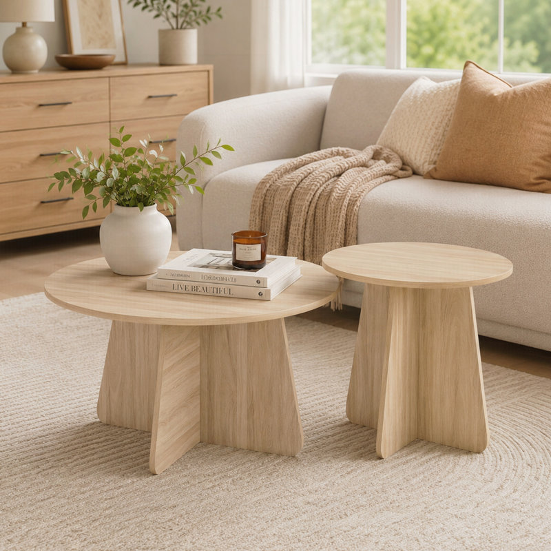 Ensemble de tables basses gigognes de style rétro. Disponible en finition noyer ou bois naturel. Tables d'appoint rondes avec pieds croisés. Idéal pour les salons et les salles à manger