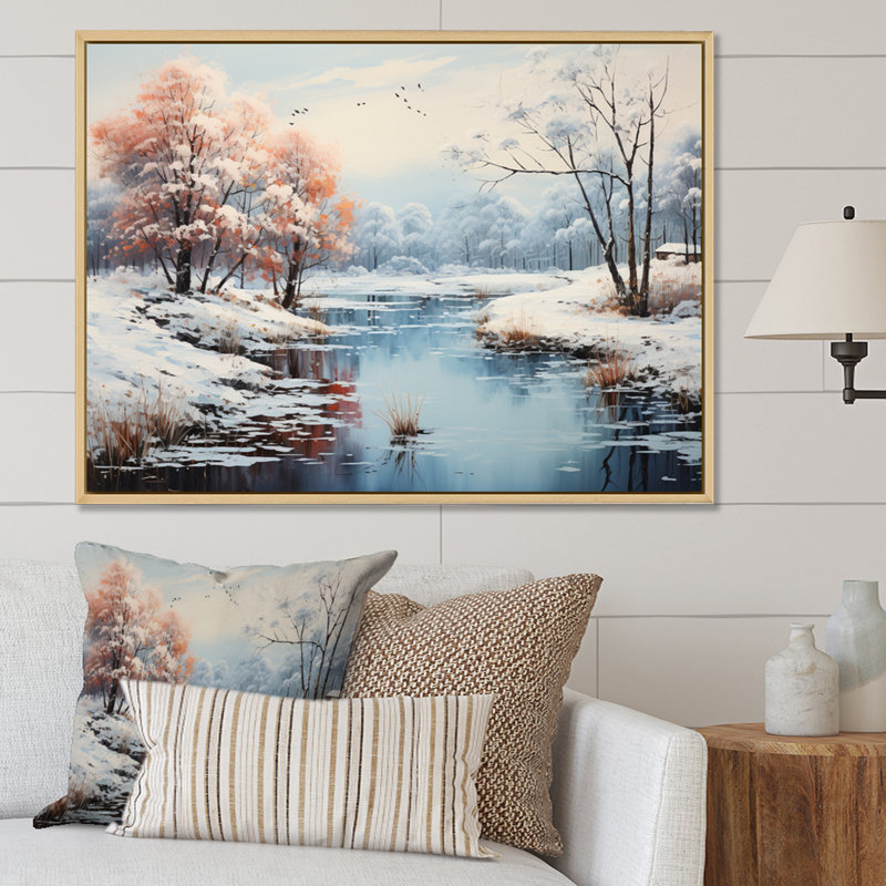 " Winter Landscape Icy Reflections ", 34" H x 44" W, White Picture Framed