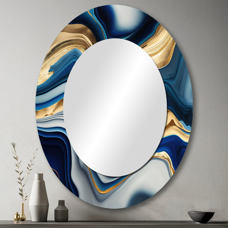 Vibrant bleu et doré agate II - miroir mural moderne bleu ovale, 43 po x 33 po