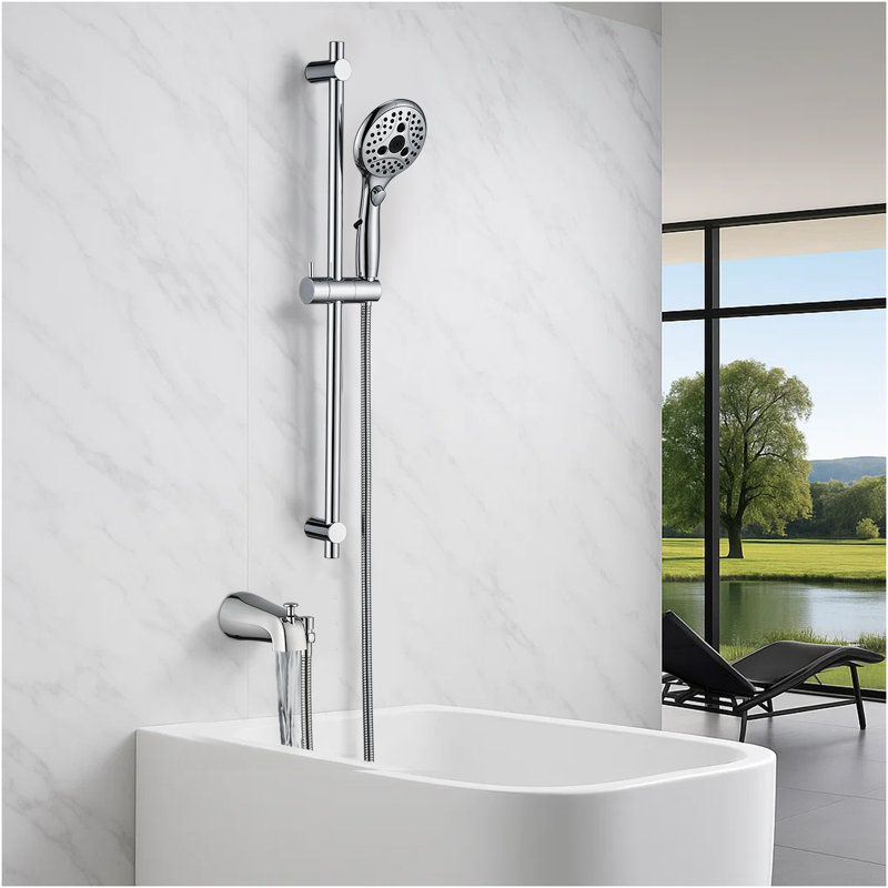 Bec de baignoire à inverseur tout en métal, douche à main à 6 réglages, barre coulissante réglable, chrome