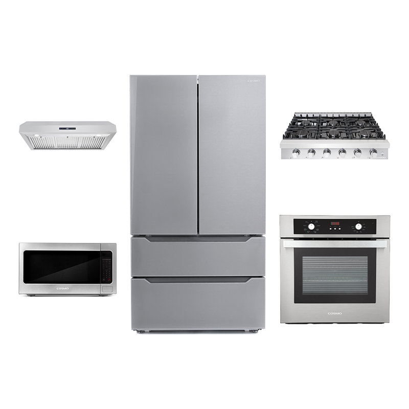 Cosmo 5 Piece Kitchen Appliance Package with French Door Refrigerator 35.88'' Cooktop Built-In Under Cabinet Range Hood