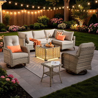 Tommy Outdoor Wicker 6 Person Seating Group With Cushions With Rocking And Swivel Chairs