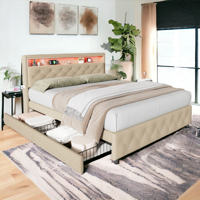 Caytlyn Upholstered Double (4'6) Linen Drawers Bed Frame