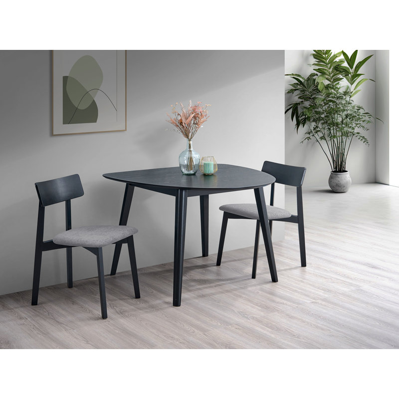 Ensemble de salle à manger compact 3 pièces, table noire et deux chaises rembourrées grises