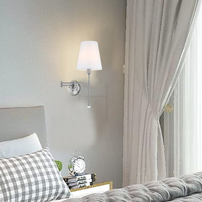 1-Light Brushed Nickel Plug-In Swing Arm Wall Lamp with Fabric Shade and 72 in. Cord