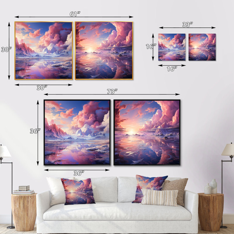 Kawaii Landscape Clouds III - ensemble de 2 nuages carrés, Cadre flottant brun, H 30 po x l 61 po