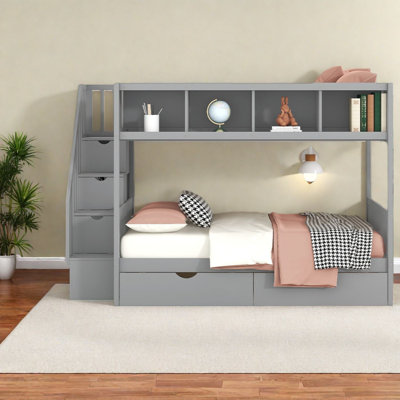 Lit superposé simple au-dessus d'un lit double, bois massif, finition gris moderne