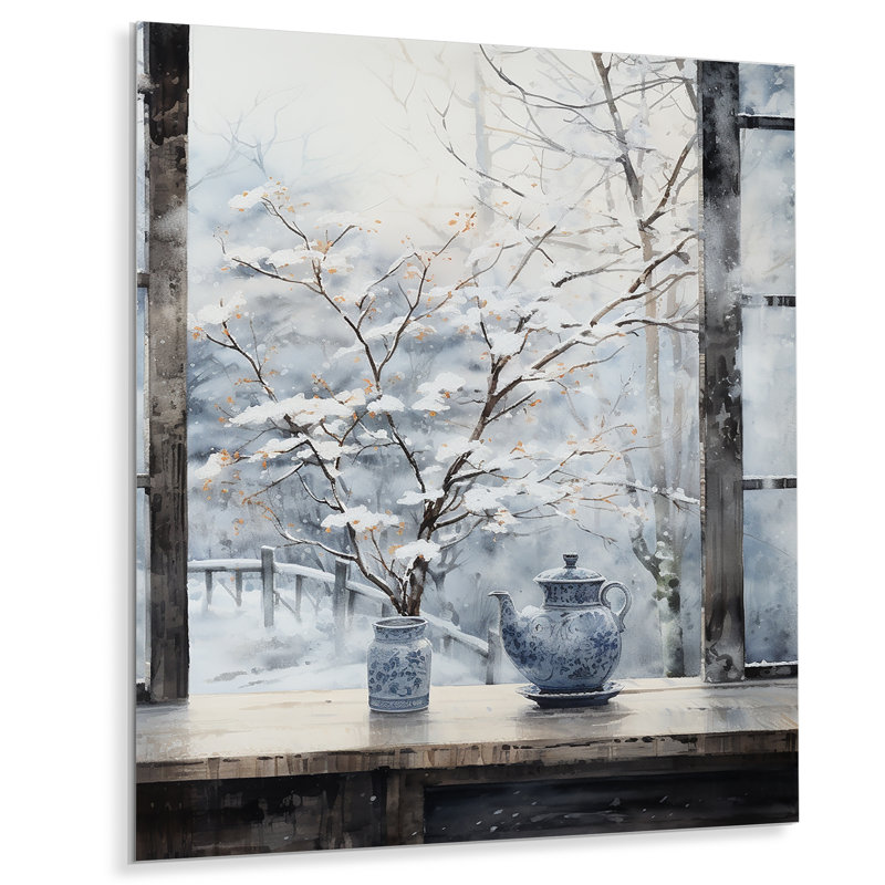 «Floral Snow Window View In Winter 3», art mural en métal au Japon, H 32 po x l 24 po x P 1 po