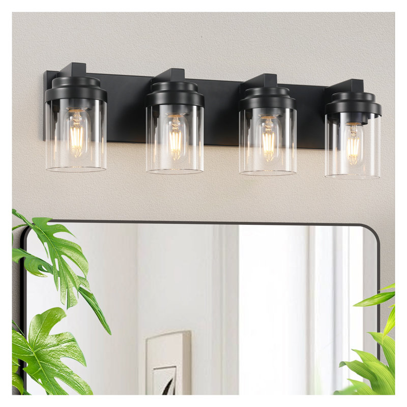 Éclairage pour meuble-lavabo de salle de bain 4 lumières noir mat avec abat-jour en verre transparent, Quatre lumières