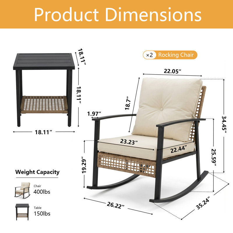 Ensemble bistro extérieur Yardgrace 3 pièces avec coussins et table basse à 2 niveaux, Beige
