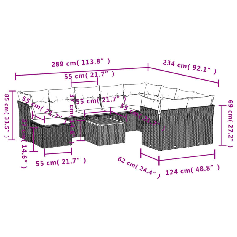 Ensemble de canapé de jardin modulaire en rotin PE 11 pièces Vidaxl