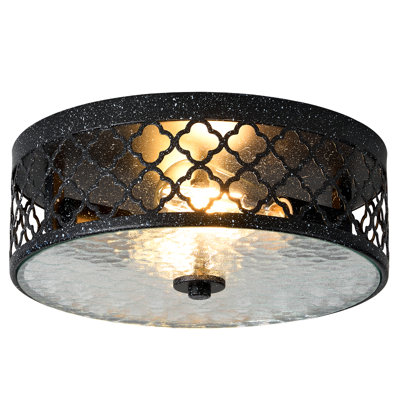 Plafonnier décoratif encastré de 30 cm (12 po) – Finition noire mouchetée, abat-jour cylindrique en verre texturé