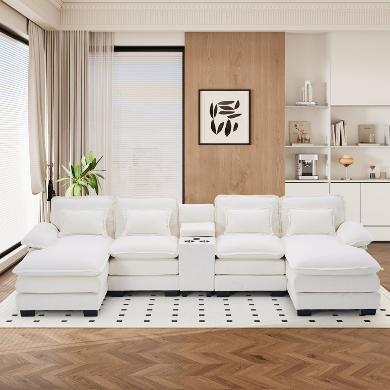 Canapé modulaire en U avec méridienne 5 pièces, Chenille beige / blanc