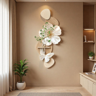Creamy Sandstone Floral Wall Art With Hydroponic Planter – Entryway Decor