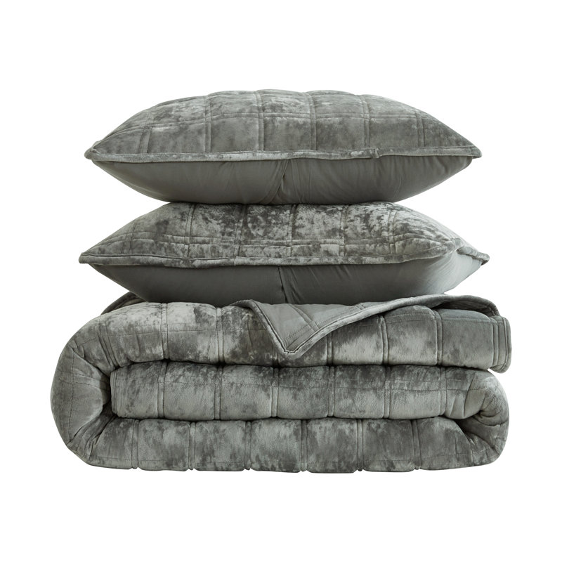 Velvet Quilt, King Quilt + 2 King Shams, Medium Gray