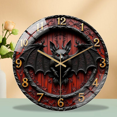 Horloge murale décorative de style chauve-souris gothique sur fond rouge - Horloge murale moderne en verre 12 po