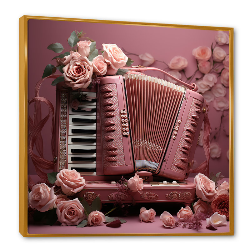 «Music Accordion Amore Romantic Rose II», reproduction sur toile, Cadre flottant doré, H 24 po x l 24 po x P 1 po