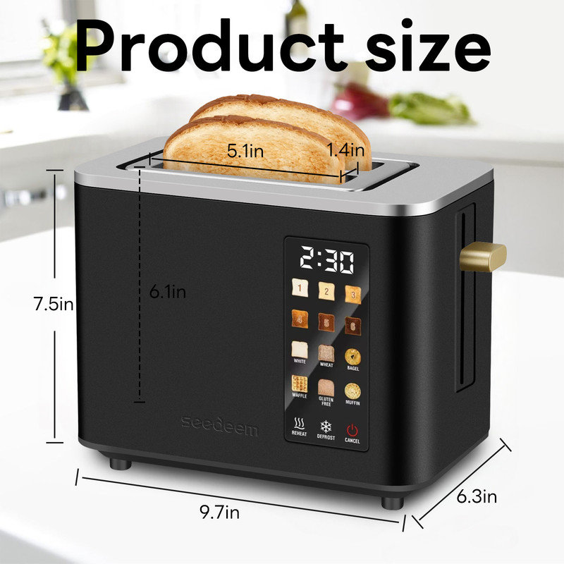 2 Slice Toaster,Touchscreen Stainless Steel Toaster,6 Bread and Toning Options,Timer,Removable Crumb Tray,900W, Black