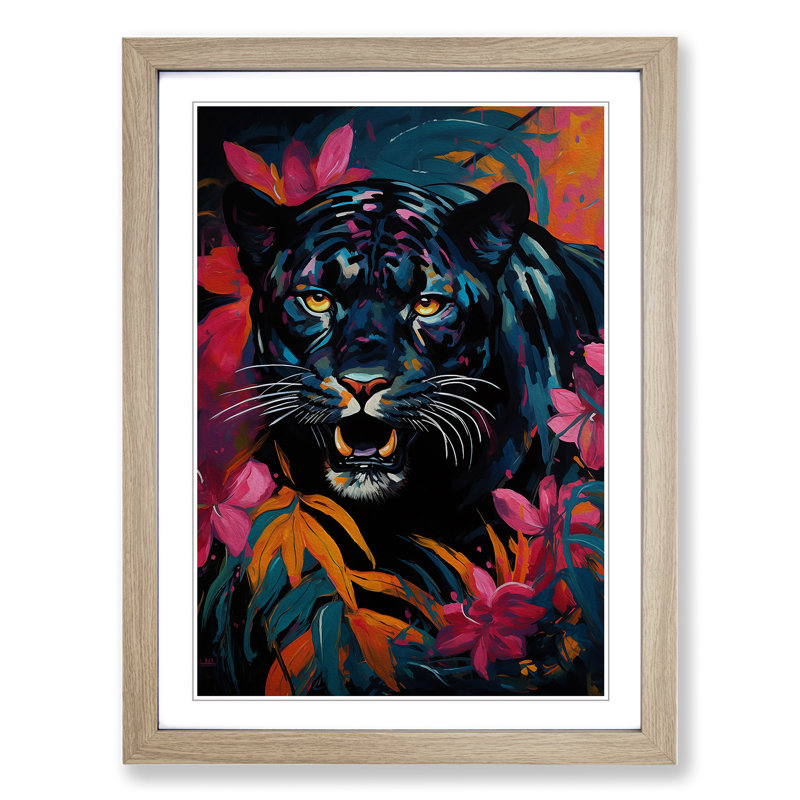 Panther Expressionism No.2 - Single Picture Frame Print on Wood, Oak, 64cm H x 46cm W x 2cm D