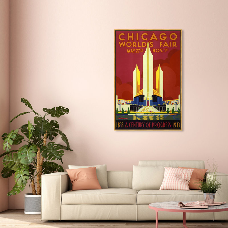 «Chicago World Fair 1933», affiche vintage sur toile, H 45 po x l 30 po, Cadre flottant doré