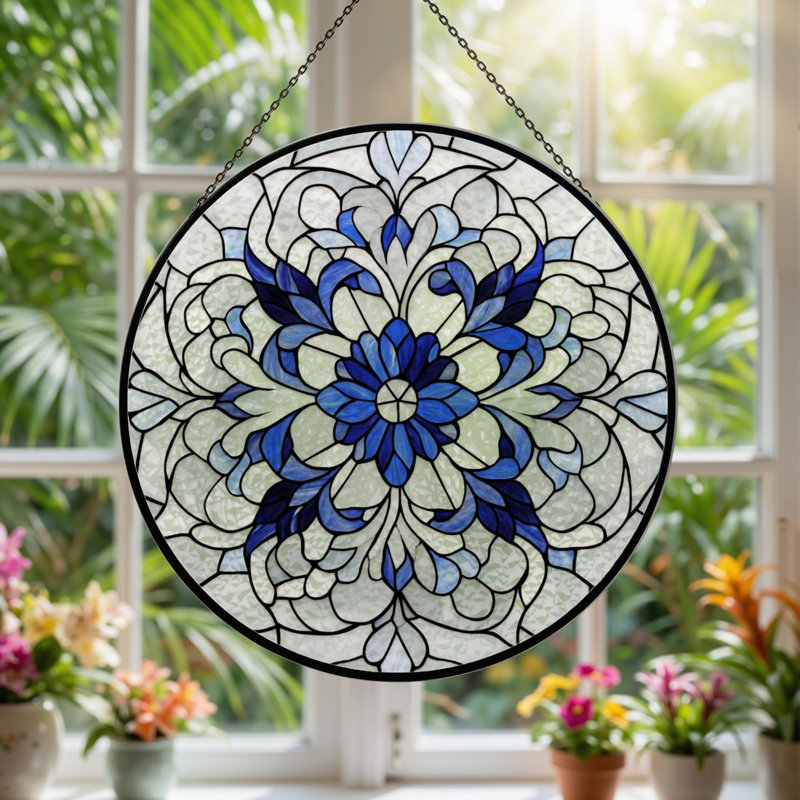 Panneau de vitrail floral bleu 7,8 "H, H 7,8 po x l 7,8 po