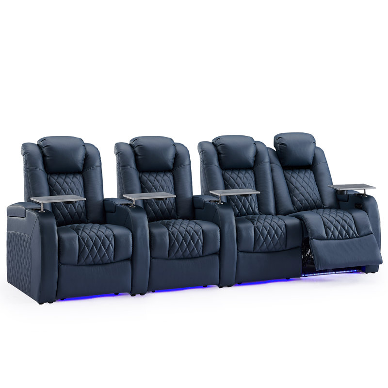 Causeuse de cinéma maison en cuir véritable de 112 po de largeur avec porte-gobelet, Cuir véritable bleu