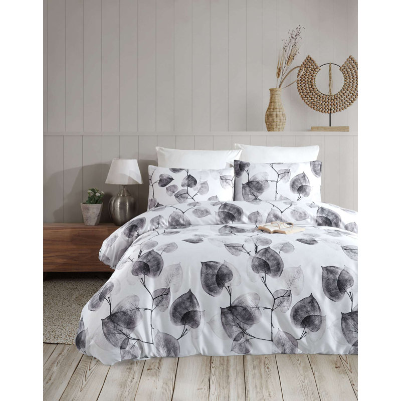Quilt Cover Set, Gray Floral, King Duvet Cover + 2 Standard Pillowcases