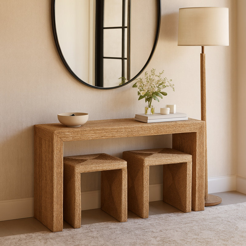 Handcrafted Acacia and Banana Woven Console Table With Side Tables For Foyer Styling - Narrow Entryway Storage And Hallway Sofa Table For Living Room - 55", Brown/Tan