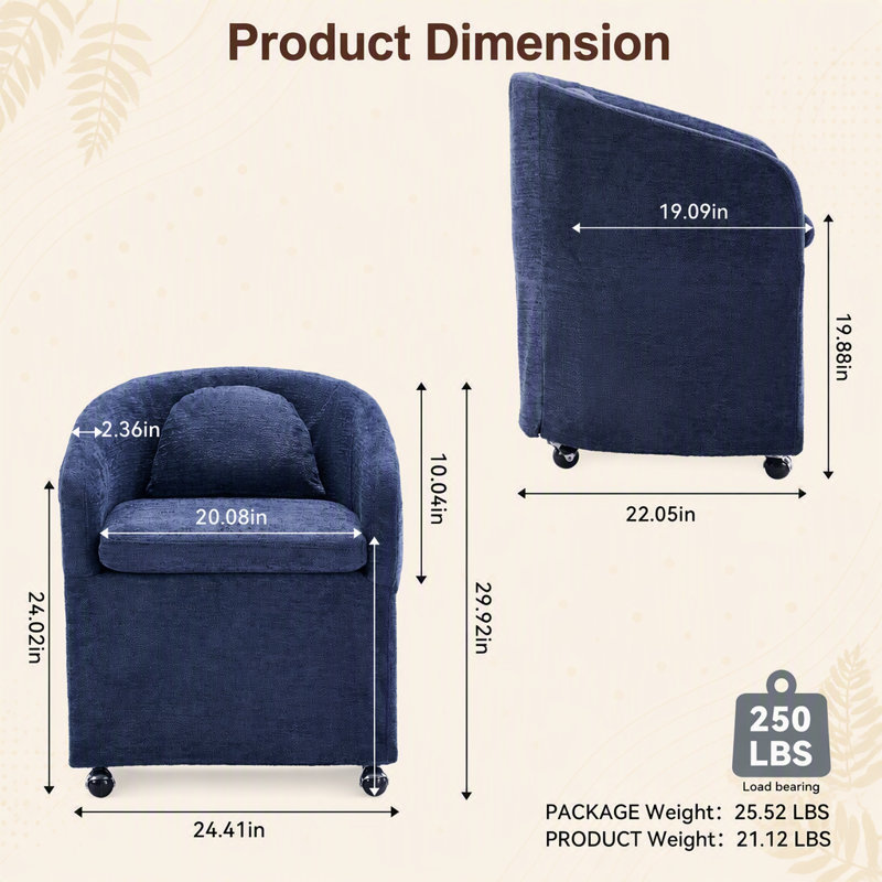 Ensemble de fauteuil de salle à manger en chenille avec coussin de dossier et roulettes universelles pour une assise confortable et flexible