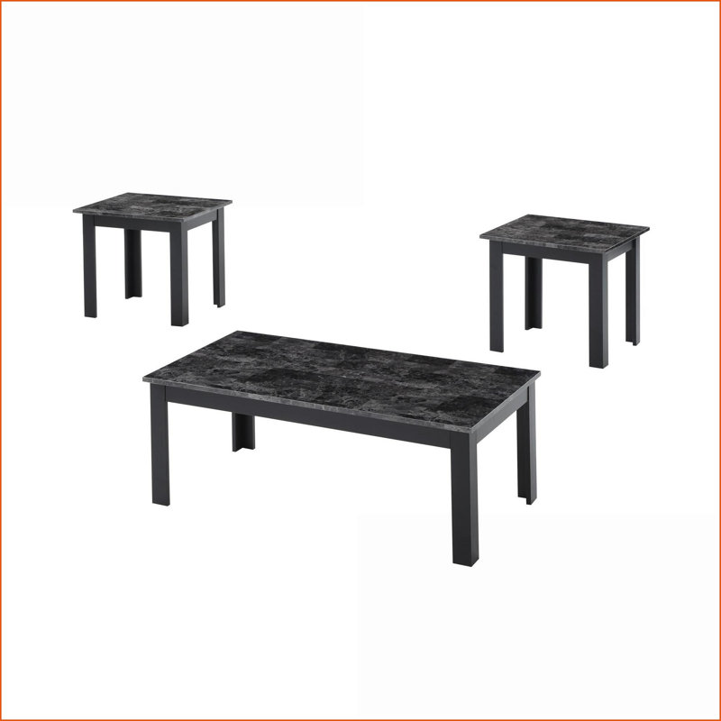 Ensemble de tables basses 3 pièces Traditional avec plateau en faux marbre noir, finition grise, facile à assembler pour le salon