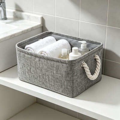 Gray Fabric Storage Basket, Handles for Shelves and Closets