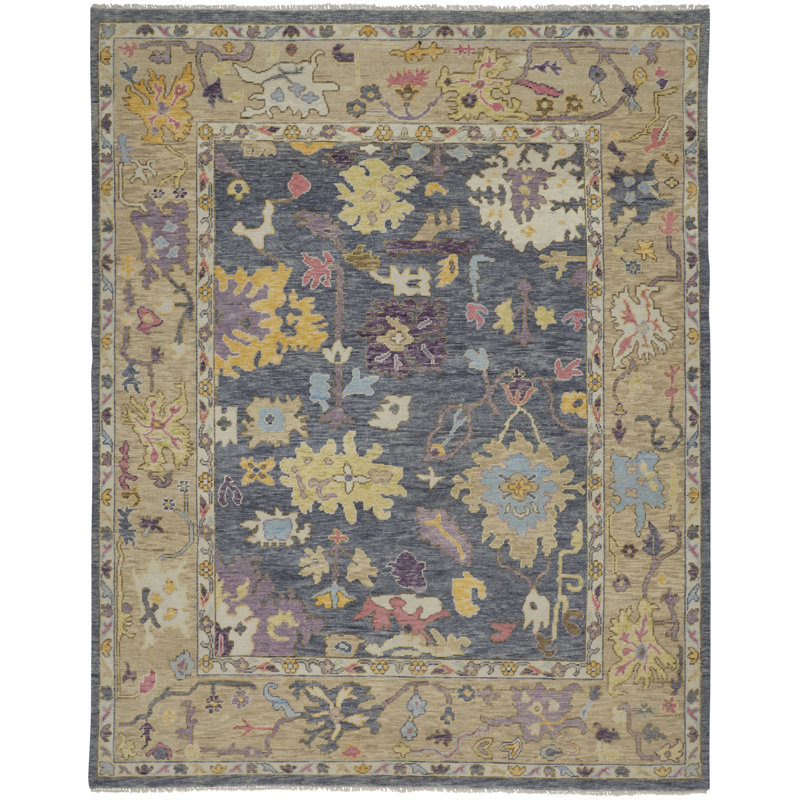 Karina Hand Knotted Wool Floral Area Rug in Blue/Beige, Rectangle 9'6" x 13'6"
