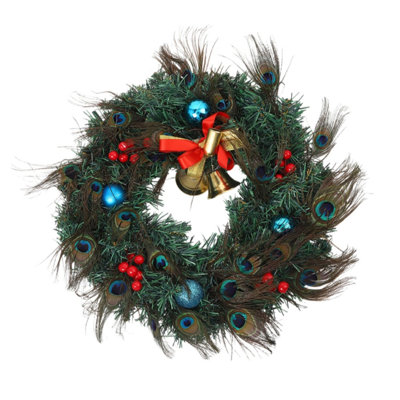 Couronne de Noël artificielle de 15,35 pouces, couronne de porte d'entrée avec plumes de paon, clochettes dorées, boules bleues et baies rouges, couronne de Noël pour fenêtre de porche, décoration de Noël