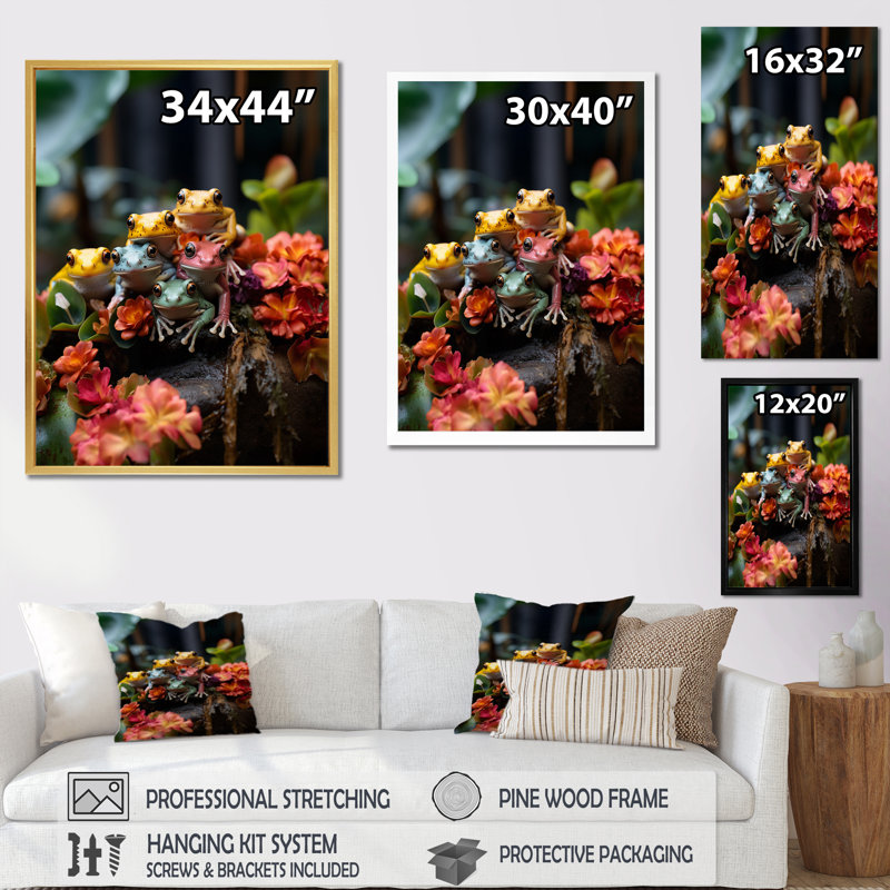 Leaping Frogs Amphibians IV, H 44 po x l 34 po x P 1,5 po, Cadre flottant noir