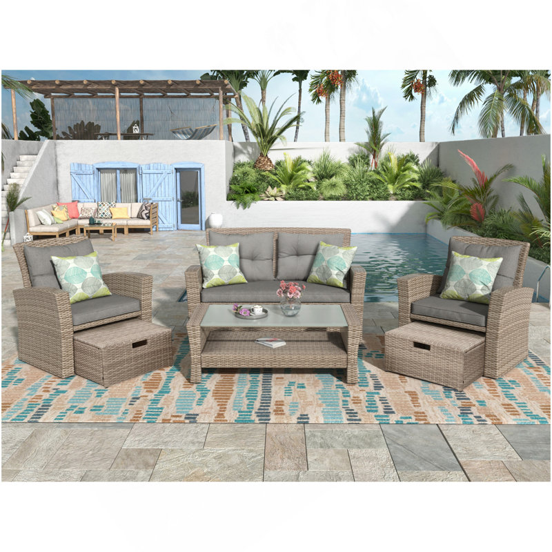Canapé modulaire d'extérieur en osier avec repose-pieds et coussins 4 pièces, Gris