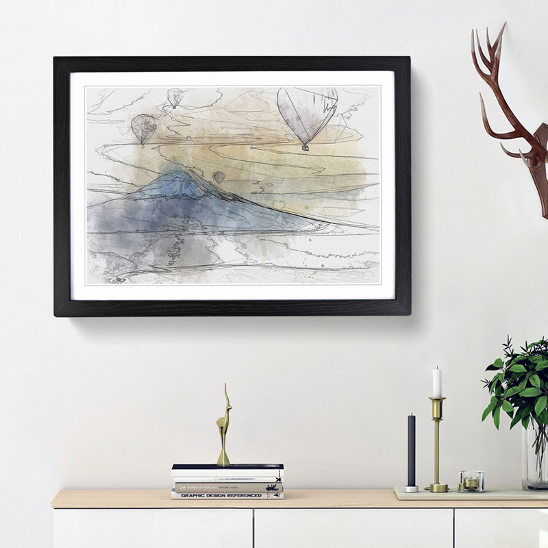 Hot Air Balloons Above Mount Fuji in Abstract - Picture Frame Graphic Art Print, Black Framed, 62cm H x 87cm W x 2cm D