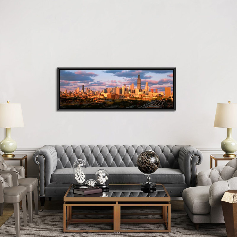 «Cityscape Chicago, Illinois», reproduction de photo sur toile, H 12 po x l 36 po x P 1,5 po, Cadre noir