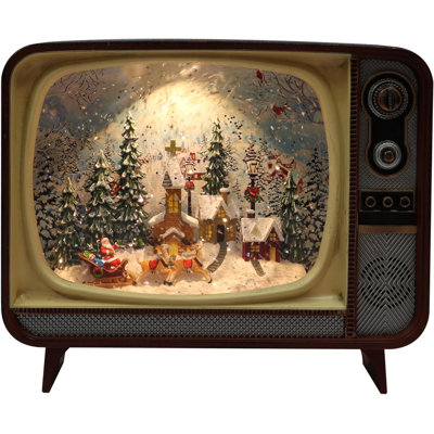 Village TV rétro en acrylique de 31,2 cm (12,3 pouces) - DEL, paillettes tourbillonnantes, fonctionne sur piles - Résine peinte à la main