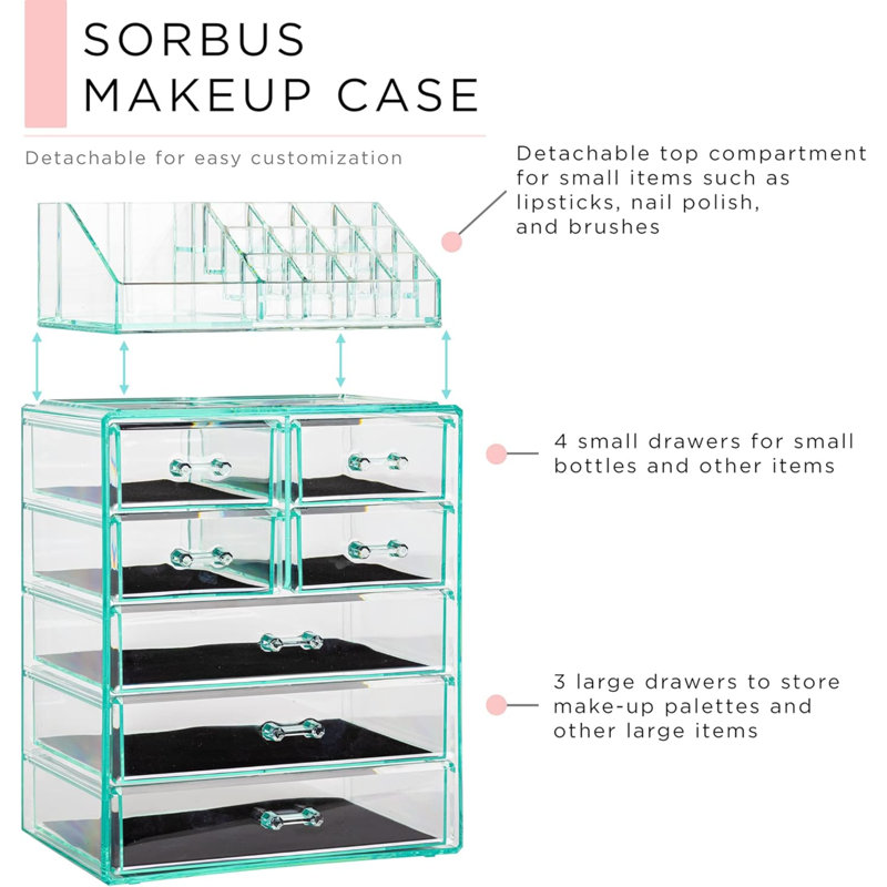 Organisateur de maquillage transparent - Maquillage et rangement pour bijoux, étui et présentoir - Conception spacieuse - Excellent support pour commode, salle de bain, meuble-lavabo et comptoir (3 grands, 4 petits tiroirs) [Bleu sarcelle]