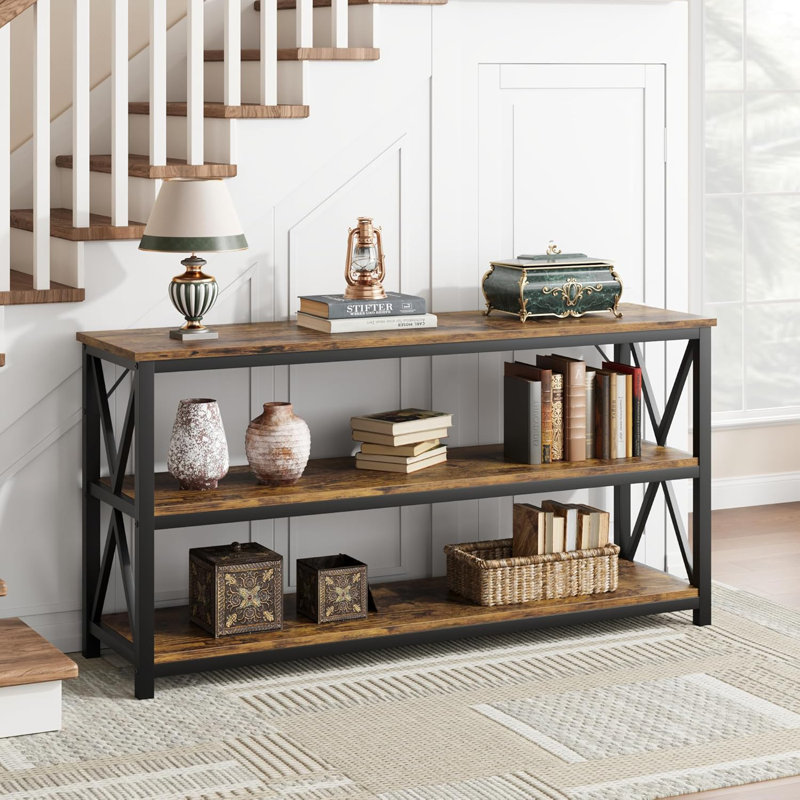 Rustic Brown 55.1" Industrial Wood and Metal Console Table with Storage