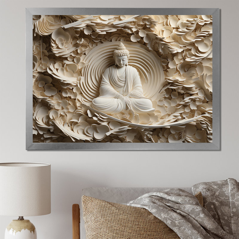 Simple bouddhisme Statue I - art mural bouddhisme pour le salon, Impression encadrée, H 16 po x l 32 po, Argent argent